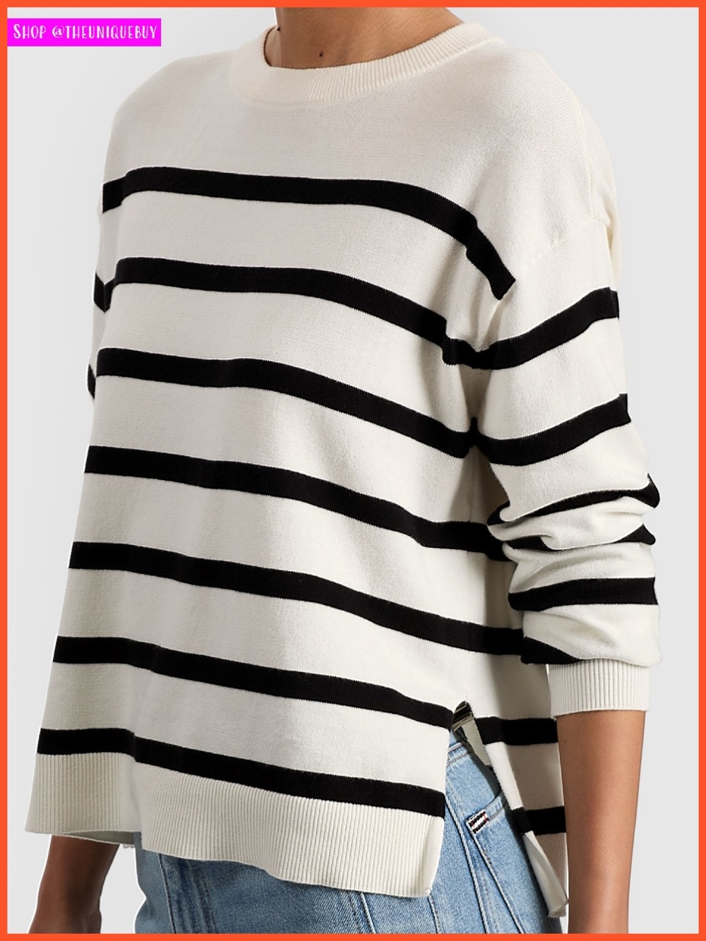 Alice + Olivia Patterson Black White Easy Striped Pullover Sweater